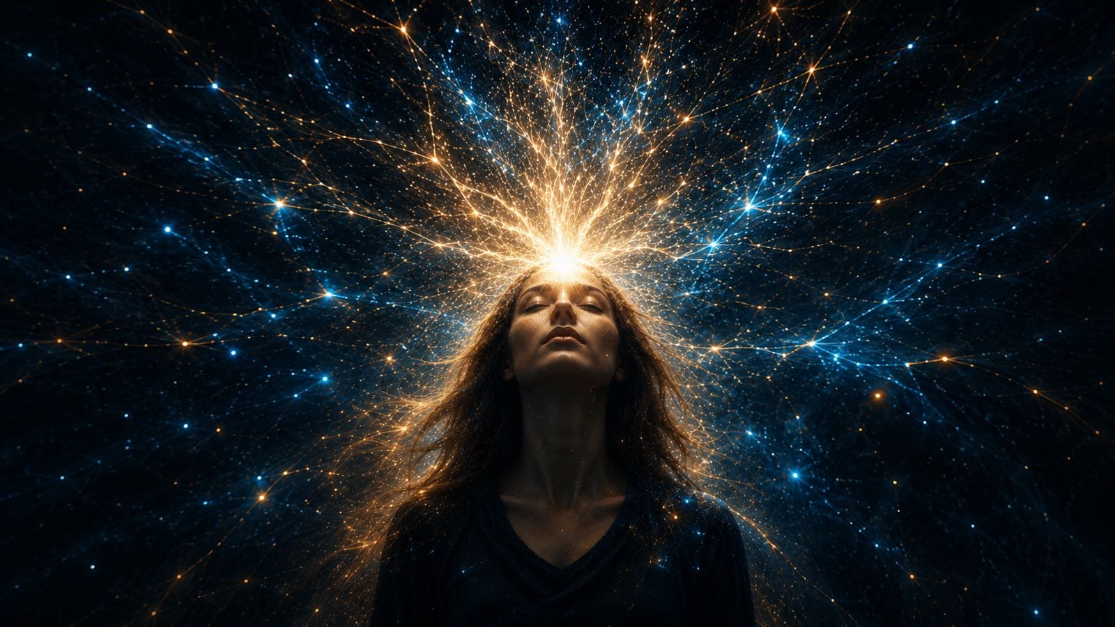 Uma mulher com um feixe de luz e código binário fluindo da mente
